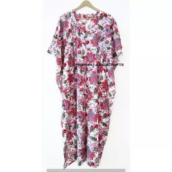 Женская летняя хлопковая одежда для сна с цветочным принтом, белое длинное платье-кафтан макси в этническом стиле CKFTN-SCRN-FULL-BUYIT-066