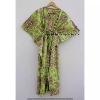 Женская летняя хлопковая одежда для сна в стиле хиппи с цветочным принтом, зеленое длинное платье-кафтан макси CKFTN-SCRN-FULL-BUYIT-132