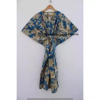 Женская летняя хлопковая одежда для сна в стиле хиппи с цветочным принтом, синее длинное платье-кафтан макси CKFTN-SCRN-FULL-BUYIT-134