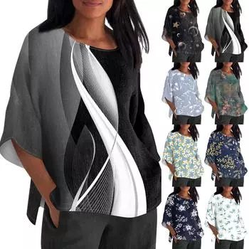 Женская летняя хлопково-льняная футболка, топы, свободная блузка с принтом, винтажная одежда с круглым вырезом и рукавами 3/4, одежда больших размеров L