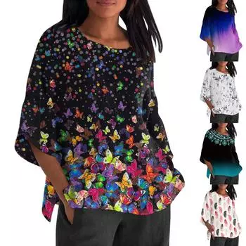 Женская летняя хлопково-льняная футболка, топы, свободная блузка с принтом, винтажная одежда с круглым вырезом и рукавами 3/4, одежда больших размеров XXL чёрный