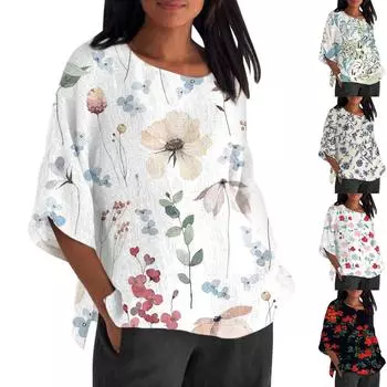 Женская летняя хлопково-льняная футболка, топы, свободная блузка с принтом, винтажная одежда с круглым вырезом и рукавами 3/4, одежда больших размеров L хаки