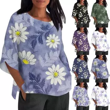 Женская летняя хлопково-льняная футболка, топы, свободная блузка с принтом, винтажная одежда с круглым вырезом и рукавами 3/4, одежда больших размеров L