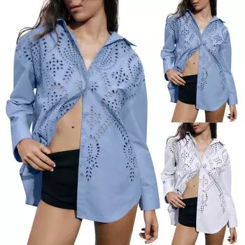 Женская летняя хлопково-льняная однотонная рубашка с длинным рукавом, свободная рубашка с v-образным вырезом L синий