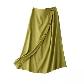 Женская летняя хлопково-льняная юбка средней длины с эластичной резинкой на талии и покектом XL зелёный