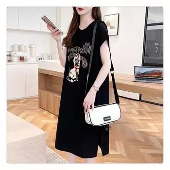 Женская летняя корейская версия свободной футболки с коротким рукавом и принтом мультяшной собаки, модное длинное платье M чёрный