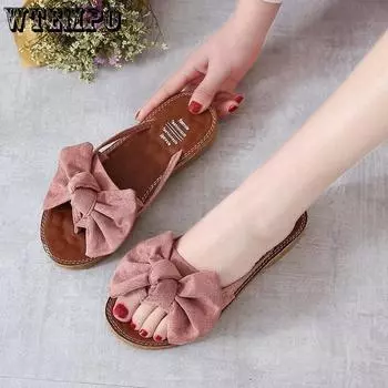 Женская летняя корейская версия The Wild Trendy Bow с плоской подошвой, модные сандалии для беременных на мягкой подошве 35 чёрный
