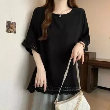 Женская летняя кружевная футболка с коротким рукавом, средней длины, удобный повседневный свободный топ 4XL белый