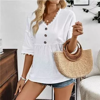 Женская летняя кружевная футболка с V-образным вырезом и короткими рукавами, однотонная S