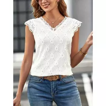 Женская летняя кружевная футболка с v-образным вырезом без рукавов, повседневная кружевная футболка S белый
