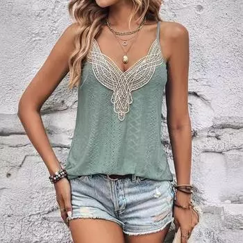 Женская летняя кружевная повседневная майка без рукавов S синий