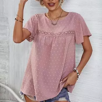 Женская летняя кружевная повседневная свободная футболка с круглым вырезом и рукавами в виде листьев лотоса в горошек S белый