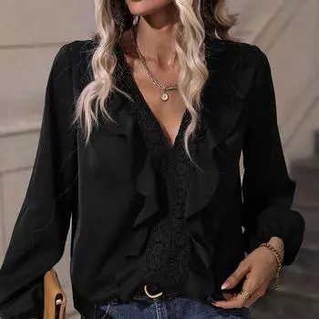 Женская летняя кружевная рубашка с рюшами и глубоким v-образным вырезом, свободная рубашка с длинным рукавом-фонариком, однотонная тонкая повседневная футболка для поездок на работу, модный дышащий удобный топ S чёрный