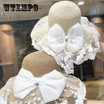 Женская летняя кружевная шляпа-панама с бантом и цветочным узором, дышащая, с широкими полями, защита от солнца - пляжная шляпа ручной работы из соленой травы с неэластичностью для путешествий one size бежевый