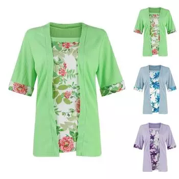 Женская летняя квадратная горловина, поддельная двухкомпонентная футболка с короткими рукавами и цветочным принтом, топы для женщин XXL