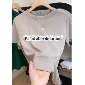 Женская летняя легкая футболка класса люкс из хлопка с круглым вырезом и короткими рукавами 2025 года, облегающая S [recommended 80-95 catties]