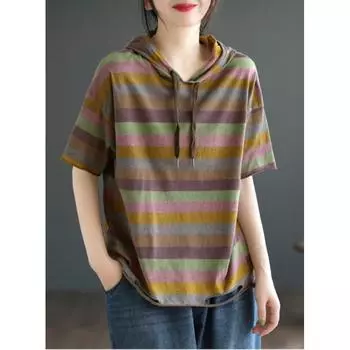 Женская летняя литературная ретро-полосатая футболка, свободная тонкая толстовка с капюшоном и короткими рукавами 5XL