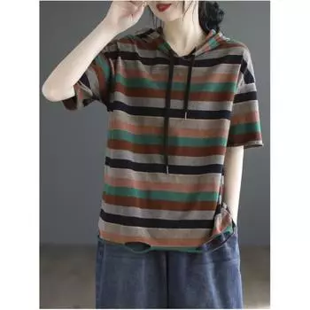 Женская летняя литературная ретро-полосатая футболка, свободная тонкая толстовка с капюшоном и короткими рукавами S