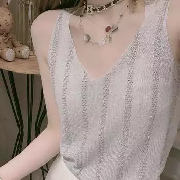 Женская летняя майка из ледяного шелка с v-образным вырезом, тонкая без рукавов, серебряная линия, вязаный топ, жилет, женская рубашка с внутренней нижней частью, верхние топы One Size чёрный