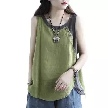 Женская летняя майка контрастного цвета в стиле пэчворк с круглым вырезом без рукавов, тонкие брюки, повседневная винтажная женская футболка больших размеров, женская одежда 2XL зелёный