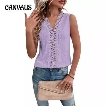 Женская летняя майка с V-образным вырезом и полым кружевным жилетом без рукавов S белый