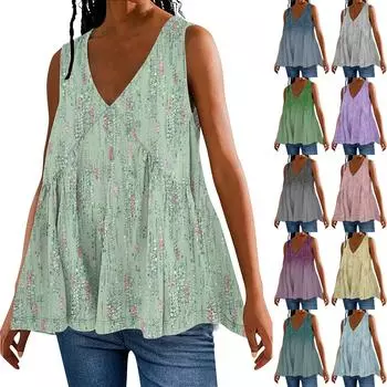 Женская летняя майка с V-образным вырезом, свободная посадка, струящаяся рубашка, повседневный многоуровневый жилет без рукавов с рюшами в стиле Babydoll L