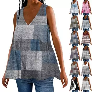 Женская летняя майка с V-образным вырезом, свободная посадка, струящаяся рубашка, повседневный многоуровневый жилет без рукавов с рюшами в стиле Babydoll M чёрный