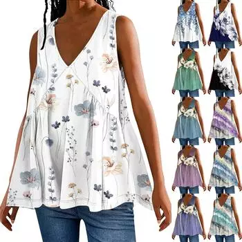 Женская летняя майка с V-образным вырезом, свободная посадка, струящаяся рубашка, повседневный многоуровневый жилет без рукавов с рюшами в стиле Babydoll S