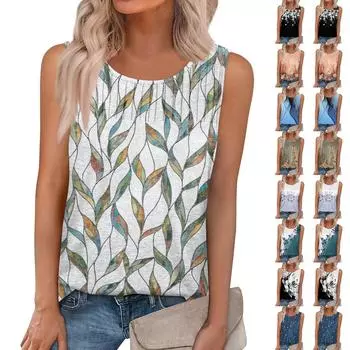 Женская летняя майка-топ без рукавов, повседневные плиссированные топы без рукавов, рубашки с круглым вырезом, одежда XXXL
