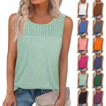 Женская летняя майка-топ без рукавов, повседневные плиссированные топы без рукавов, рубашки с круглым вырезом, одежда XL кофейный