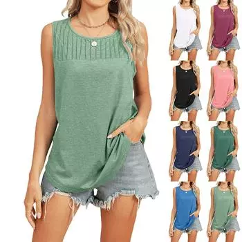 Женская летняя майка-топ без рукавов, повседневные плиссированные топы без рукавов, рубашки с круглым вырезом, одежда L армия зеленый