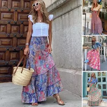 Женская летняя макси-юбка с высокой талией и кисточками на шнуровке, длинная юбка в богемном стиле с цветочным принтом и рюшами XL зелёный