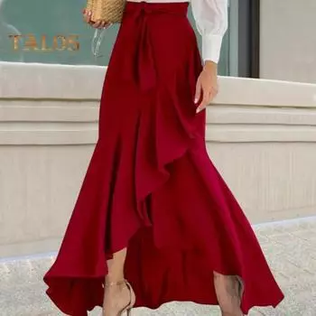 Женская летняя макси-юбка с высокой талией, длинная юбка со шнуровкой и оборками, клетчатая повседневная юбка с галстуком-бабочкой и неровным подолом L вино красного