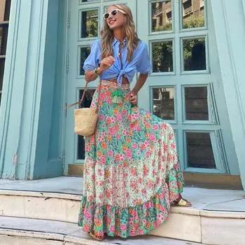 Женская летняя макси-юбка с высокой талией и кисточками на шнуровке, длинная юбка в богемном стиле с цветочным принтом, рюшами и швами по подолу, вечерние пляжные свадебные юбки XL зелёный