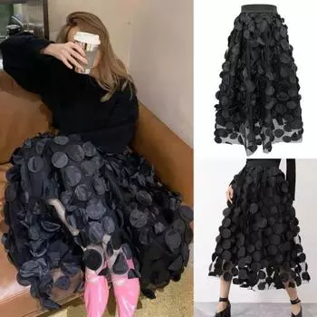 Женская летняя макси-юбка в стиле ретро, трапециевидная юбка с большим подолом, однотонная длинная юбка с высокой талией и 3D декором в горошек L