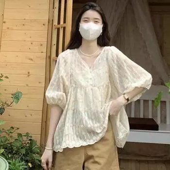 Женская летняя милая блузка с V-образным вырезом и цветочным принтом, изысканный свободный топ с рукавами-фонариками 2XL