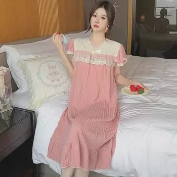 Женская летняя милая принцесса ночная рубашка с короткими рукавами, средней длины, большого размера, идеальна в качестве домашней одежды L грязно-белый