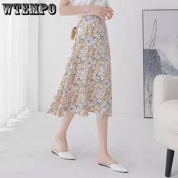 Женская летняя милая свежая маленькая полуюбка с цветочным ромашкой. Удобная мягкая шифоновая юбка трапециевидной формы средней длины с высокой талией и принтом. S