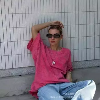 Женская летняя минималистская свободная футболка из выстиранного и состаренного хлопка, цветные свободные топы из хлопка с коротким рукавом M серый