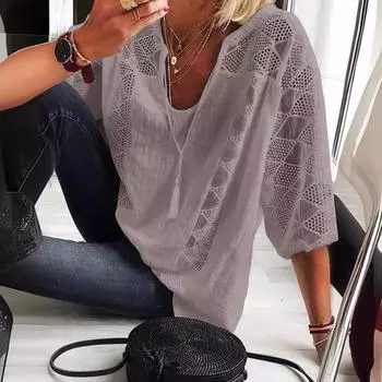 Женская летняя мода белые рубашки с U-образным вырезом и рукавом три четверти повседневные свободные кружевные топы хлопковая рубашка сшитая блузка одежда XXXXXL белый