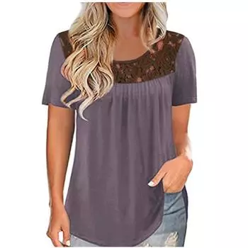 Женская летняя мода, однотонная, с круглым вырезом, с пышными рукавами, кружевная свободная футболка L светло-фиолетовый