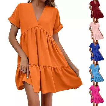 Женская летняя мода, однотонное сексуальное платье с v-образным вырезом и коротким рукавом, пляжное струящееся вечерние макси M оранжевый