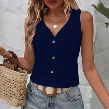 Женская летняя мода повседневная однотонная жилетка с V-образным вырезом без рукавов XL