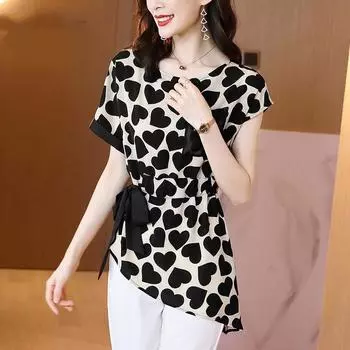 Женская летняя мода Принт Бандаж Повседневные Асимметричные Шифоновые Рубашки Карманы Пэчворк Стройные Элегантные Женские Блузки с Круглым Вырезом L чёрный