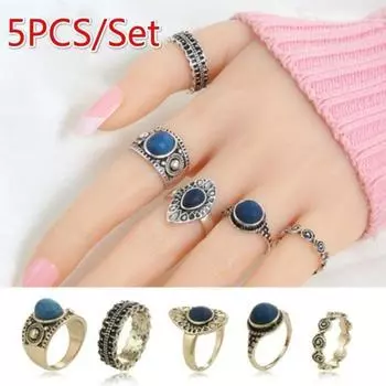 Женская летняя мода ретро волна сапфир полный комплект кольцо этническое облако кольцо 5 колец ювелирные наборы аксессуары креативные подарки декор золотой