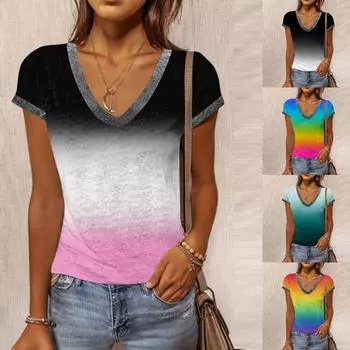 Женская летняя мода с v-образным вырезом и принтом, рубашки с короткими рукавами, верхняя блузка M чёрный