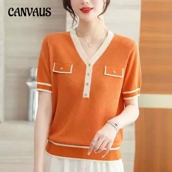 Женская летняя мода с V-образным вырезом Tencel Top Clashing Ice Silk Knit Футболка с коротким рукавом One Size оранжевый