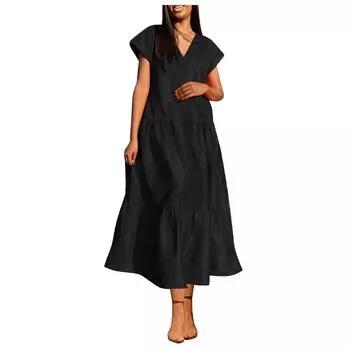 Женская летняя мода, сексуальная длинная юбка с v-образным вырезом, однотонное повседневное большое свободное платье с короткими рукавами L чёрный
