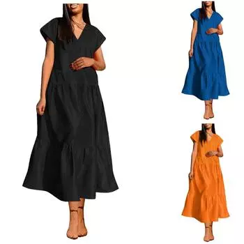 Женская летняя мода, сексуальная длинная юбка с v-образным вырезом, однотонное повседневное большое свободное платье с короткими рукавами L чёрный