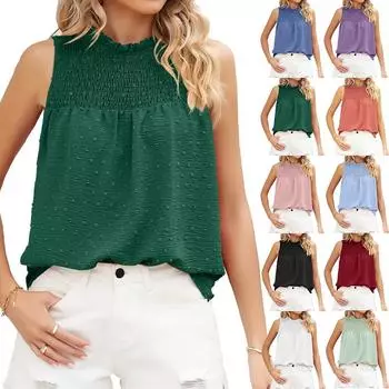 Женская летняя мода сплошной цвет свободный жаккардовый воротник повседневная майка без рукавов XXL белый